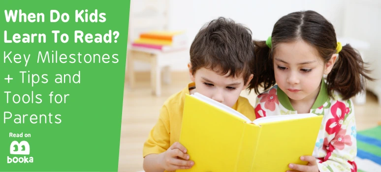 Two children reading a book to discover reading milestones and develop early literacy skills