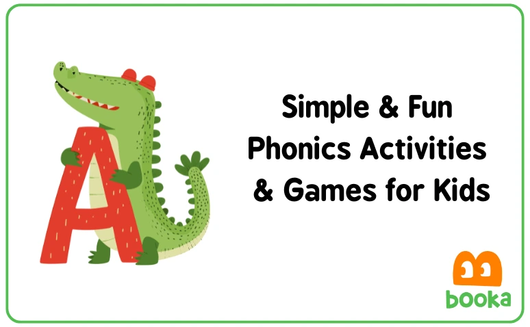 A fun phonics activity image featuring an alligator and the letter A, promoting phonics games for kids on the Booka reading app.