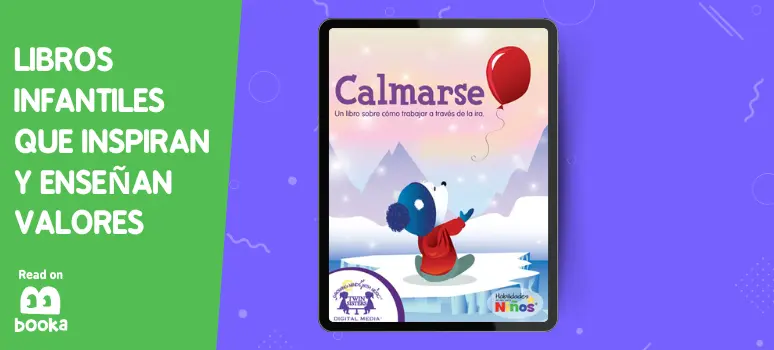 Imagen de la portada del libro 'Calmarse', mostrando a un personaje infantil con un globo rojo en un entorno tranquilo y nebuloso, enseñando a los niños cómo manejar las emociones, disponible en Booka.