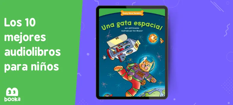 Imagen de la portada del audiolibro 'Una Gata Espacial', mostrando una gata astronauta en el espacio, seleccionado como uno de los 10 mejores audiolibros para niños, disponible en Booka para fomentar la imaginación y el aprendizaje.