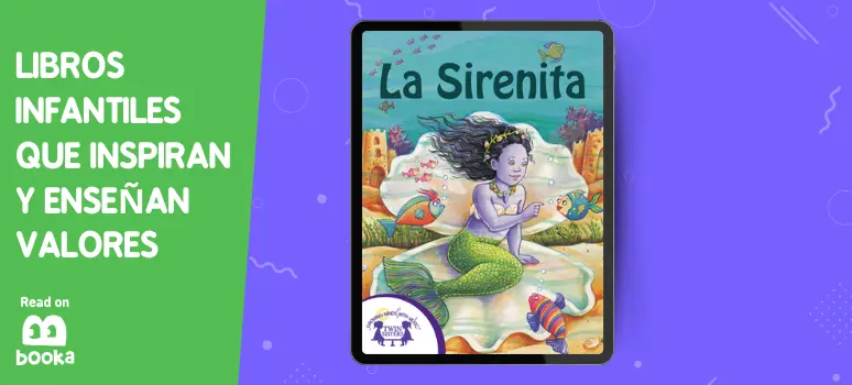 Ilustración de 'La Sirenita' en un libro digital, mostrando a la joven sirena sentada en una roca rodeada de vida marina colorida, destacada en el artículo sobre libros que enseñan valores a los niños, leído en la app Booka.