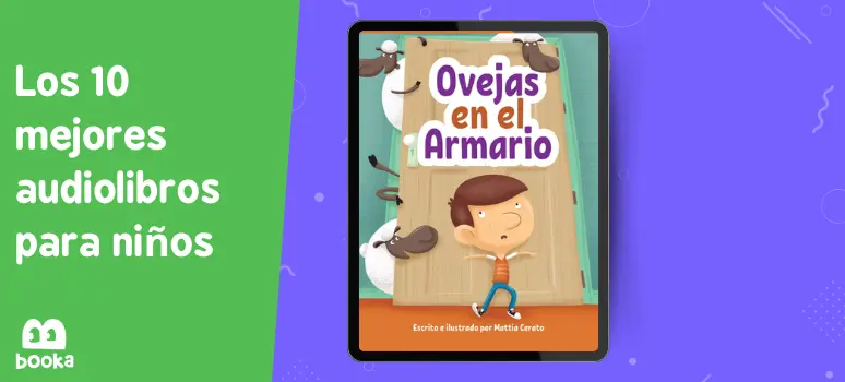 Portada del audiolibro 'Ovejas en el Armario' mostrada en una tableta, donde un niño encuentra ovejas escondidas en su armario, incluido entre los 10 mejores audiolibros para niños en Booka, perfecto para estimular la imaginación infantil.