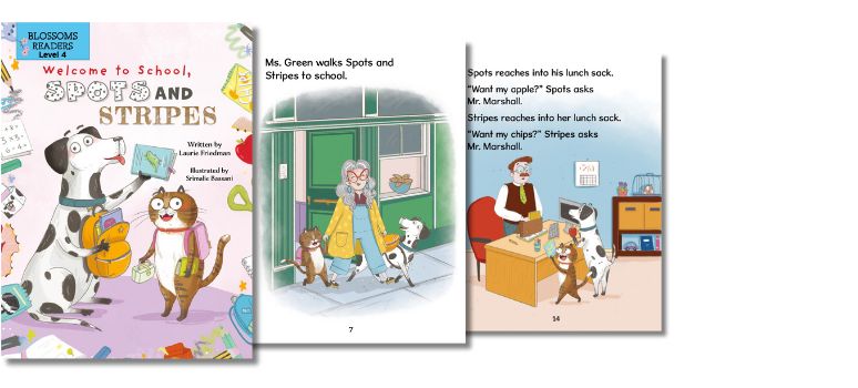 Illustration showcasing the cover and two pages from the children's picture book 'Welcome to School, Spots and Stripes' by Laurie Friedman, capturing the lively moments of the first day of school for the characters.