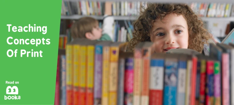 A young girl looks at books in a library while learning about print concepts.