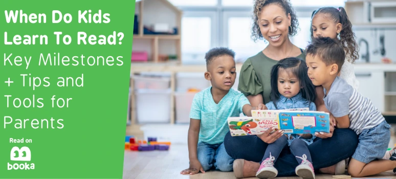 Mother reading with children to explore reading milestones by age and tools to teach kids to read