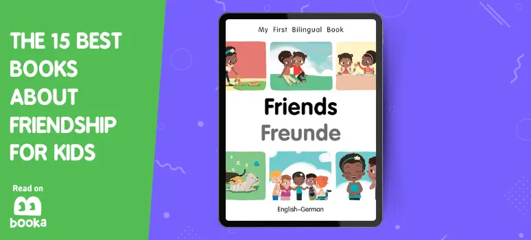 Cover of 'Friends Freunde', a bilingual English-German book showcasing diverse children engaging together, highlighted in our top 15 books about friendship for kids, ideal for bilingual learning on Booka.