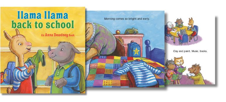 Image displaying the cover and two pages from the children's picture book  Llama Llama Back to School by Anna Dewdney and Reed Duncan