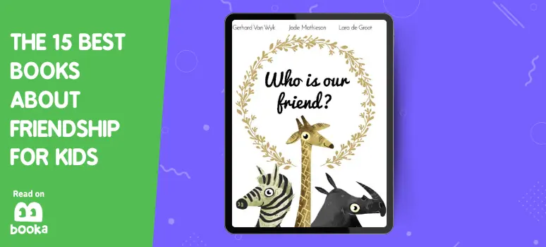 Cover of 'Who is Our Friend?', a charming picture book featuring a giraffe, zebra, and goat, celebrated for its engaging portrayal of friendship, perfect for young readers on Booka.