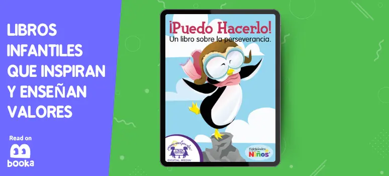 Portada del libro '¡Puedo Hacerlo!', mostrando a un pingüino enérgico en una pose triunfante, un libro que enseña a los niños el valor de la perseverancia, disponible en Booka.