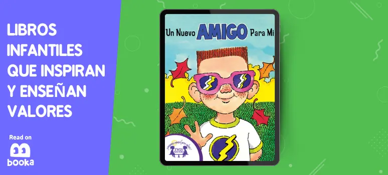 Portada del libro 'Un Nuevo Amigo Para Mí', mostrando a un niño con gafas de sol reflejadas y una camiseta con rayo, promoviendo valores de amistad y aceptación en niños, recomendado en Booka.