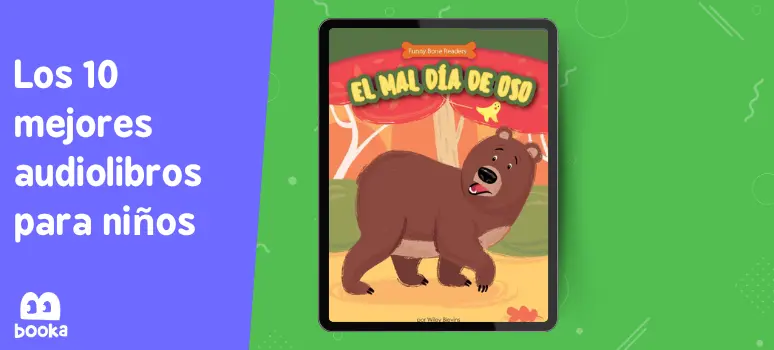 Imagen de la portada del audiolibro 'El Mal Día de Oso' en una tableta, mostrando un oso en una escena del bosque, destacado entre los 10 mejores audiolibros para niños, perfecto para enseñar a los niños cómo manejar los días difíciles, disponible en Booka.