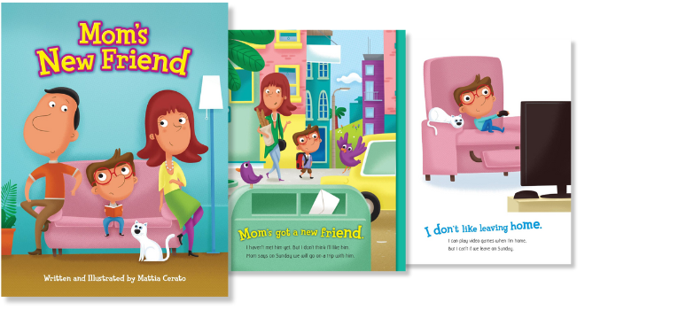 Children's picture book sample psges about new friemd of a parent