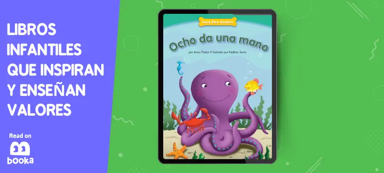 Portada del libro 'Ocho de una Mano', mostrando a un pulpo sonriente ayudando a sus amigos del mar, promoviendo valores de ayuda mutua y amistad entre los más pequeños, disponible en Booka.