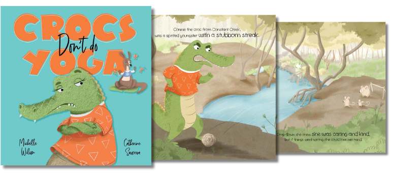 Illustrated cover of 'Crocs Don't Do Yoga,' showing Connie the Crocodile in a playful yoga pose, highlighting the book's theme of self-discovery and calmness.
