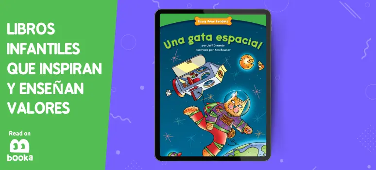 Imagen de la portada del libro 'Una Gata Espacial', mostrando a una gata astronauta explorando el espacio, un libro ideal para incentivar la imaginación y el interés científico en los niños, disponible en Booka.