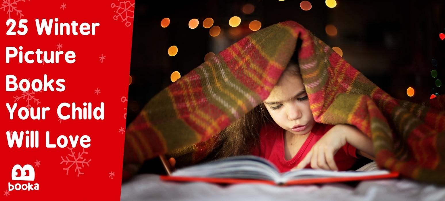 Girl reads picture book about winter