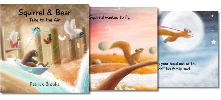 Cover of 'Squirrel & Bear Take to the Air' showing Squirre looking up at the sky with determination, symbolizing friendship and adventure.