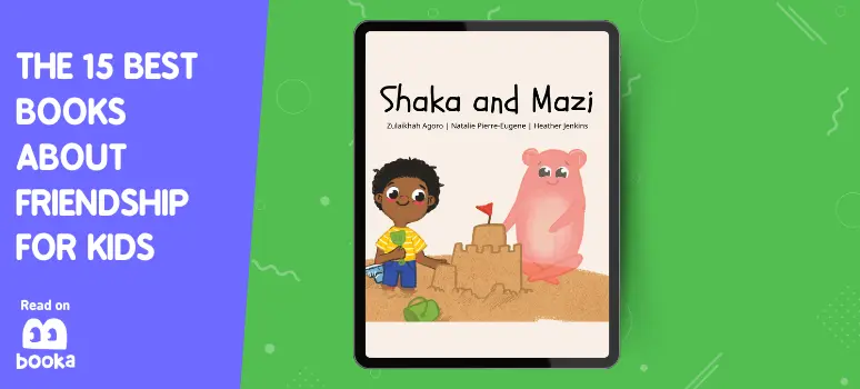 Cover of 'Shaka and Mazi' showing a young boy and his whimsical pink creature friend building a sandcastle, highlighted in our curated list of the 15 best books about friendship for kids, perfect for shared reading moments on Booka.