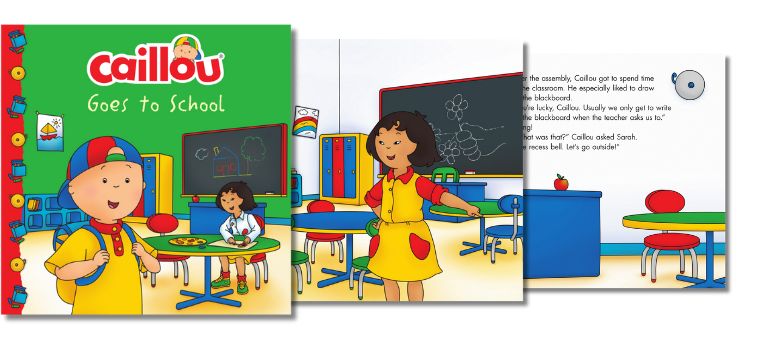 Illustration featuring the cover and two pages from the children's picture book 'Caillou Goes to School' by Anne Paradis, capturing the joy of Caillou's school adventures.