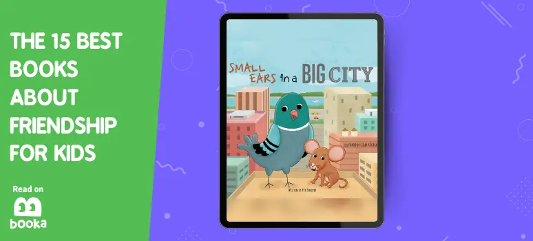 Cover of 'Small Ears in a Big City' depicting a pigeon and a mouse on a city rooftop, illustrating a story about unlikely friendships in urban settings, featured in our top 15 books about friendship for kids, available to read on Booka.