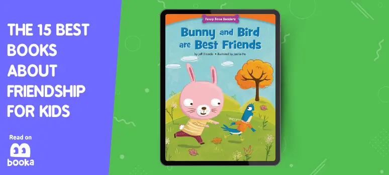 Cover of 'Bunny and Bird are Best Friends' showing a joyful bunny playing with a bird in a sunny meadow, illustrating the bond of friendship, featured in our list of the 15 best books about friendship for kids, perfect for young readers on Booka.