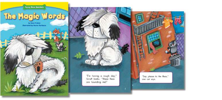 Cover of 'The Magic Words' by Red Chair Press, showing colorful, playful illustrations of a Old Scruff the Dog, emphasizing the theme of learning manners and the power of polite words.