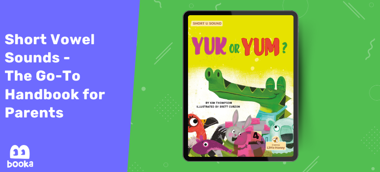 Colorful storybook cover for teaching kids short U vowel sounds