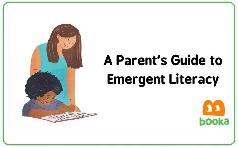 A mother assists her young son in reading, showcasing emergent literacy in action, including examples and definitions of the emergent literacy stage and skills.