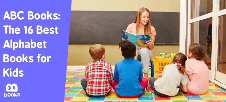 Teacher shows children alphabet books for kids
