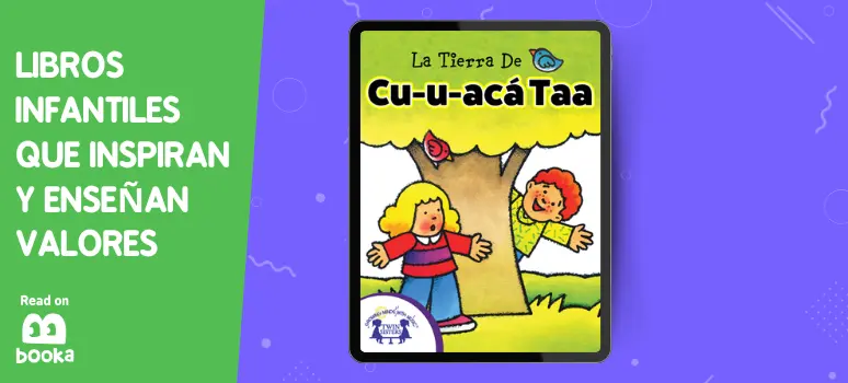 Portada del libro 'La Tierra De Cu-u-acáTaa', mostrando a dos niños jugando al escondite detrás de un árbol, ideal para enseñar a los niños sobre la curiosidad y la exploración del mundo, disponible en Booka.