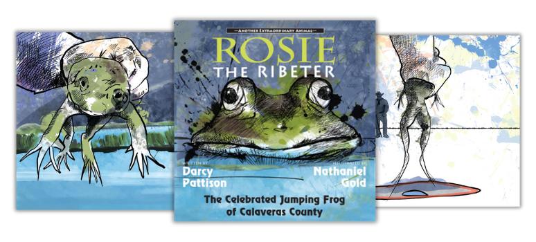Illustration showcasing the cover and two pages from Rosie the Ribeter children's picture book by Darcy Pattison