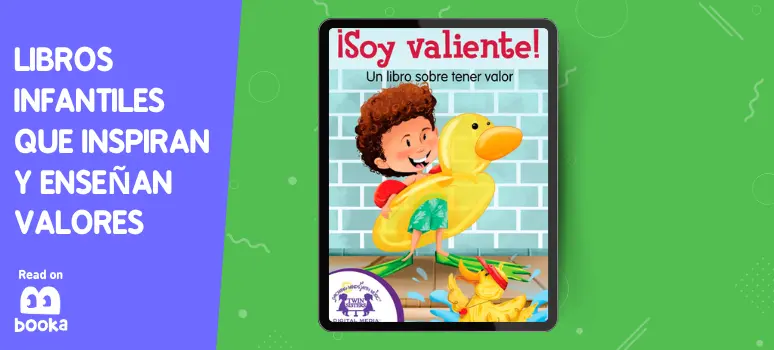 Portada del libro '¡Soy valiente!', donde se muestra a un niño abrazando a un pato de juguete grande en un entorno de baño, destacando un mensaje sobre el valor y la valentía para niños, disponible en Booka.