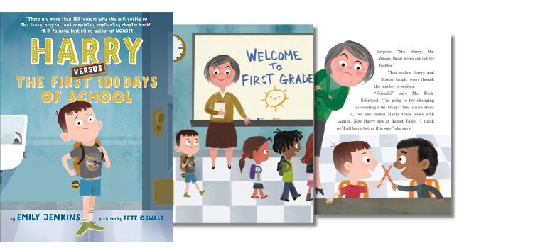 Illustration featuring the cover and two pages from the children's picture book  Harry Versus the First 100 Days of School by Emily Jenkins